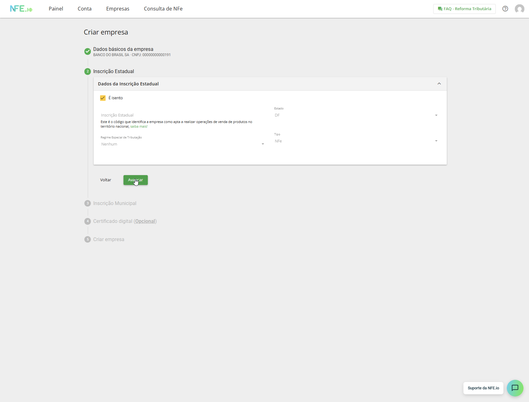 Etapa 2 do wizard — Inscrição Estadual