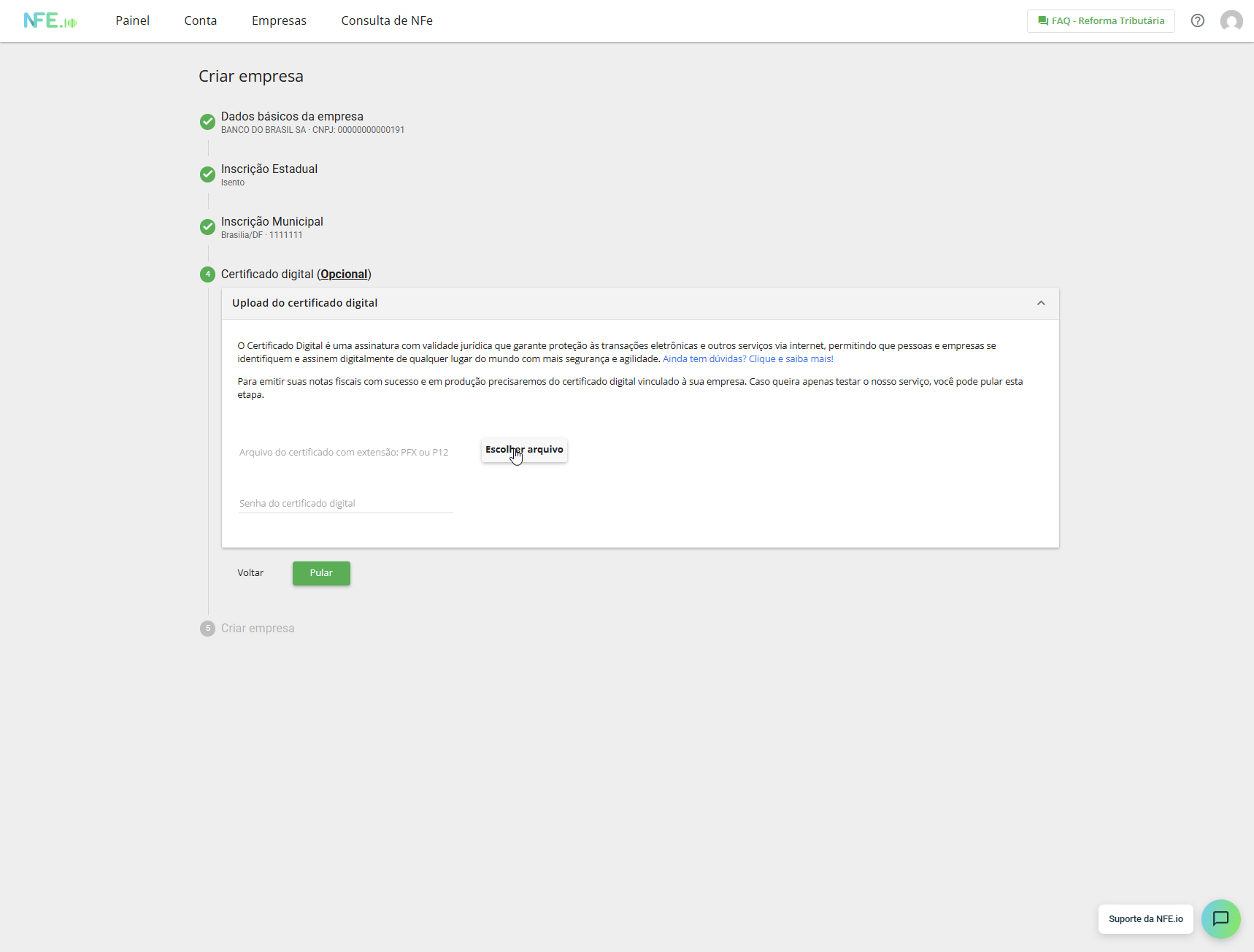 Painel de upload do Certificado Digital