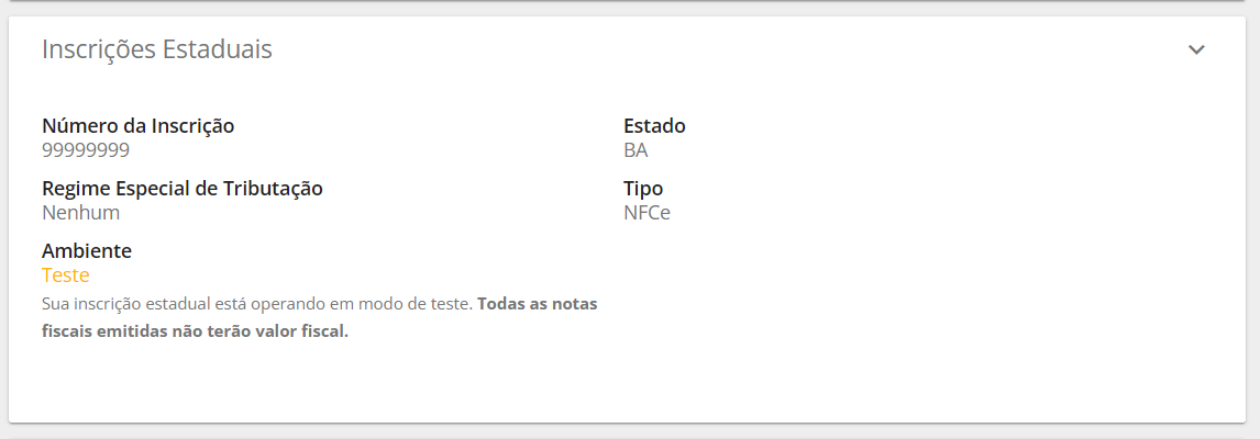 Card de Inscrição Estadual no painel da empresa