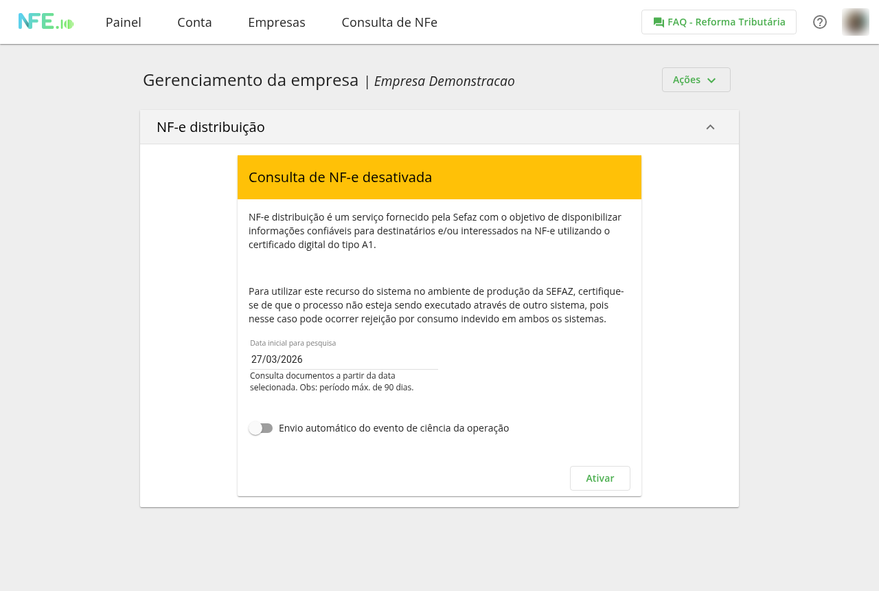 Tela de ativação da Distribuição DFe, com data de início, manifestação automática e botão Salvar