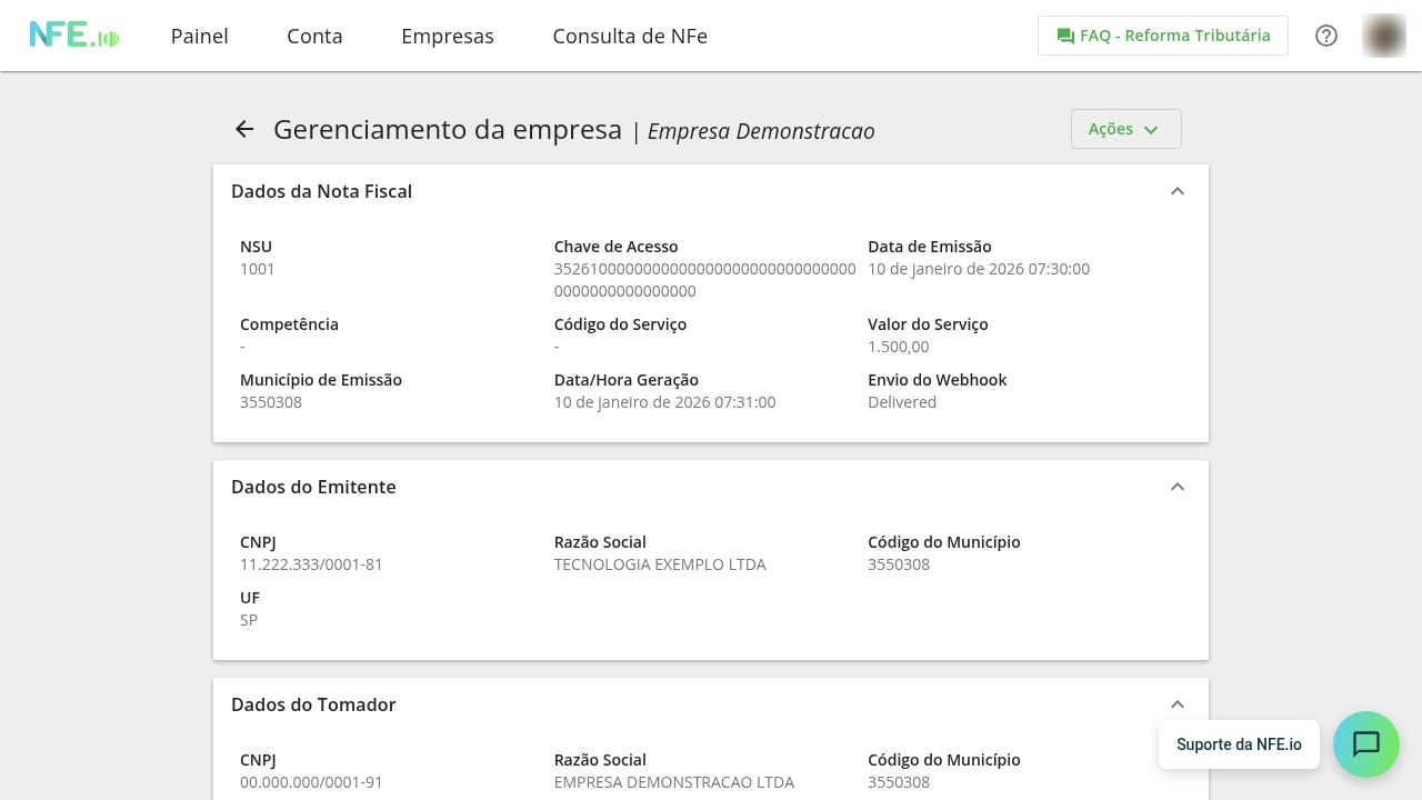 Tela de detalhe de uma NFS-e, com abas Dados gerais / Itens / Eventos / XML / Webhook