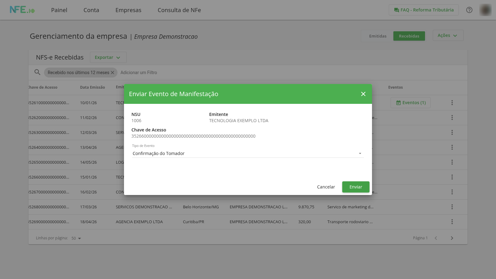 Modal "Enviar evento — Manifestação" com tipo de evento e justificativa