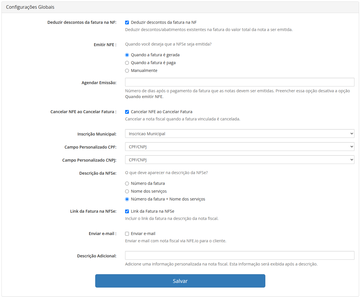 Painel de Configurações Globais