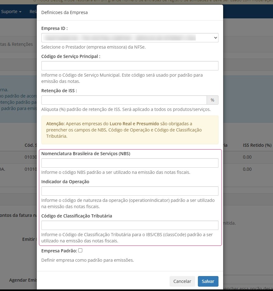 Modal de definições da empresa emissora