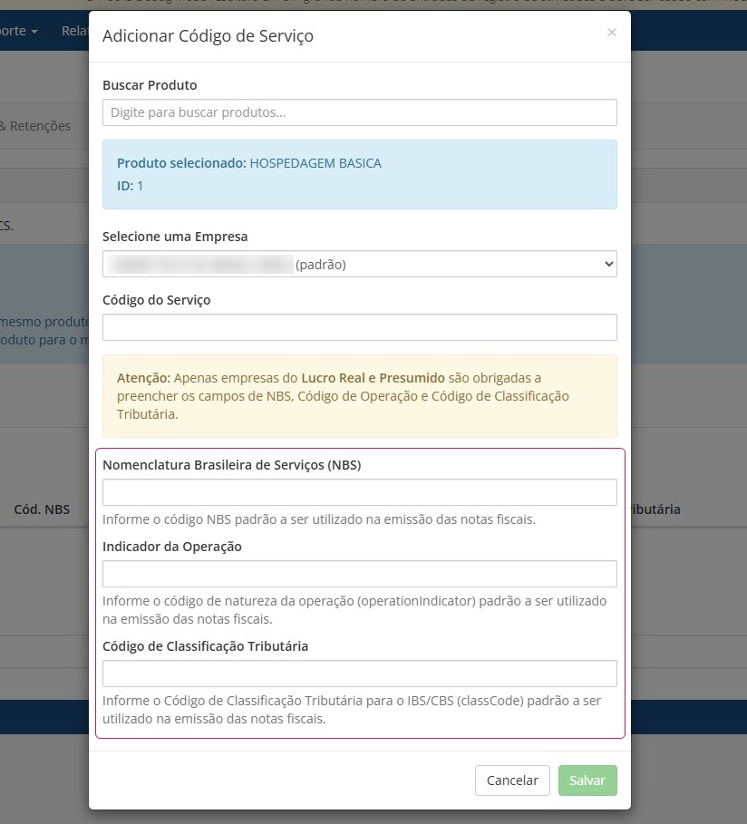 Modal de cadastro de código de serviço com campos fiscais