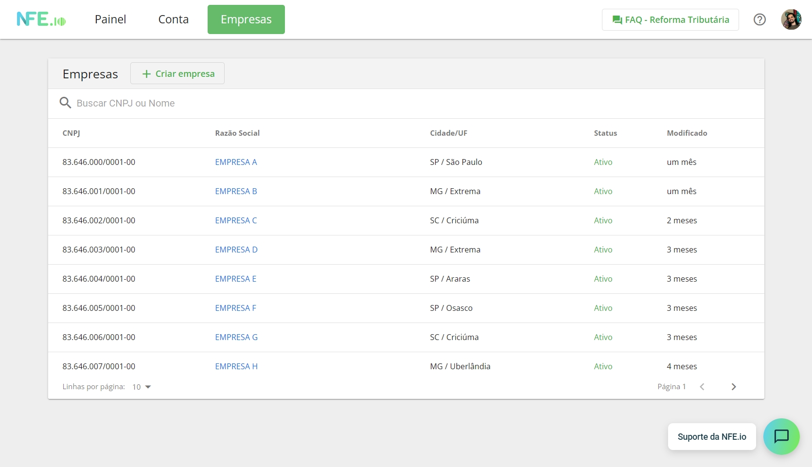 Novo painel centralizado de configurações da empresa